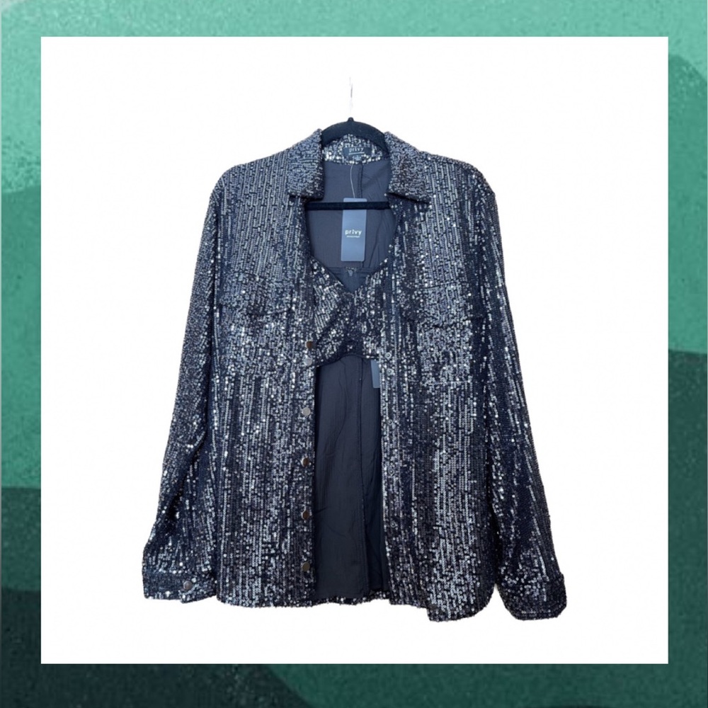 Privy sequin black blazer with bralette festival, night out outfit
